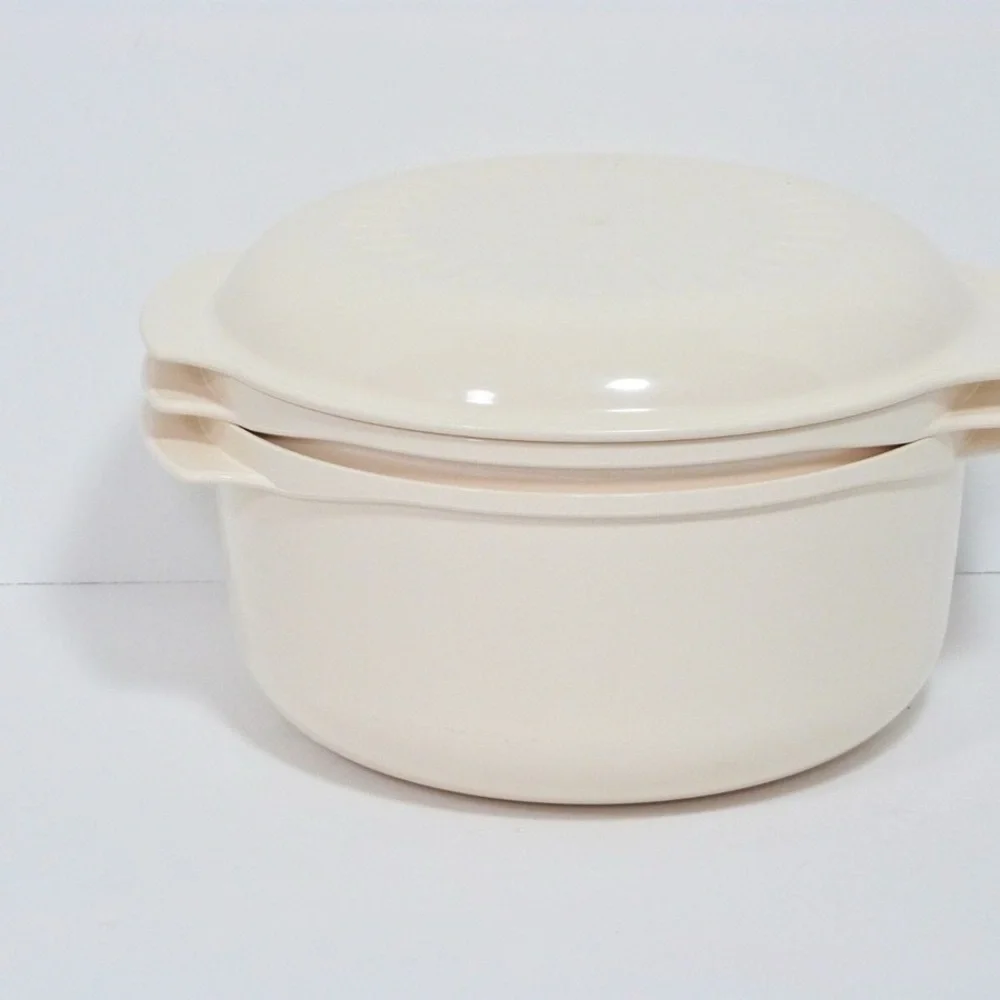 Vintage Tupperware 3pc Almond Microwave Stackable Cooker 1 3/4Qt and 3Qt Bowls